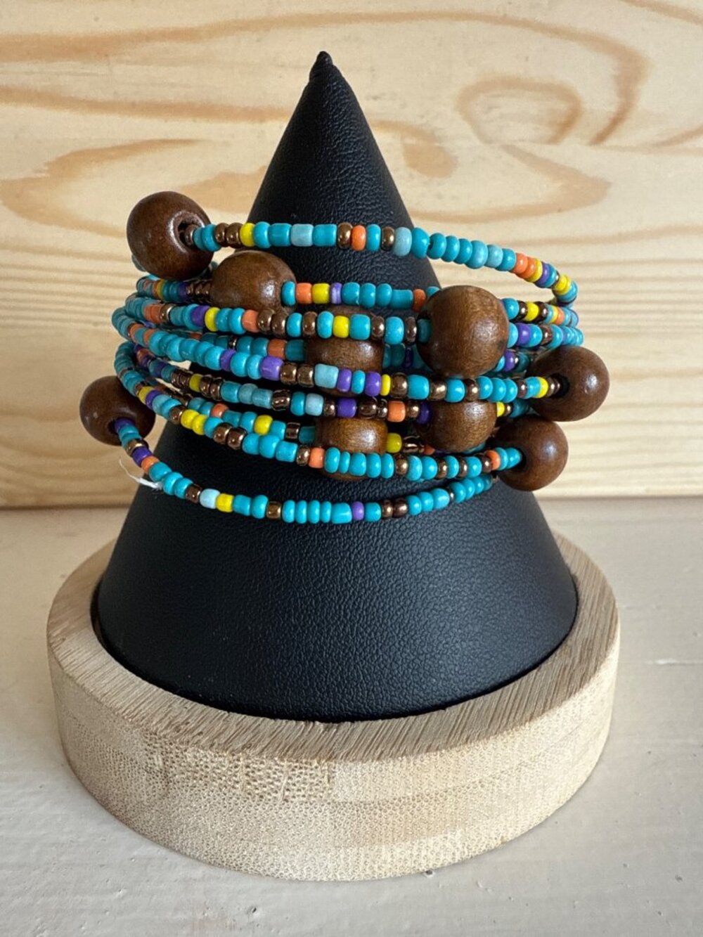 Multi-Color Beaded Coil Wrap Bracelet With Wood Accents Vibrant Bohemian Style